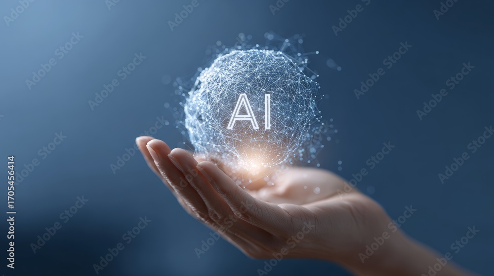 Poster open hands holding a glowing sphere with ai written on it, representing artificial intelligence and 