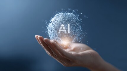 Open hands holding a glowing sphere with ai written on it, representing artificial intelligence and its potential in business and technology
