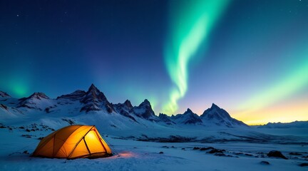 A tent glows under the mesmerizing aurora borealis in a snowy mountain landscape at night, creating a magical and serene scene
