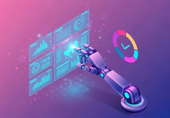 Photo of robot hand interacting with a futuristic digital interface displaying data analysis charts and progress indicators, symbolizing ai and automation in technology