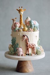 Whimsical animal-themed birthday cake dessert table food photography studio setting creative design