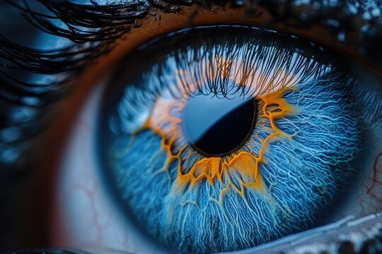 Macro photography showcases the intricate details of a blue eye with a vibrant iris pattern - Powered by Adobe