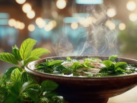 Steaming Bowl of Pho with Fresh Mint, Restaurant Setting.