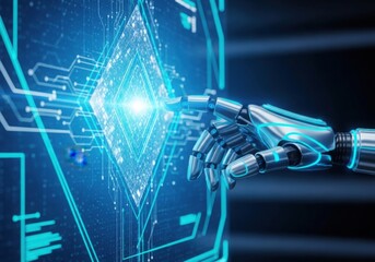Photo of robotic hand interacting with a futuristic glowing digital circuit board on a blue screen, representing artificial intelligence and advanced technology