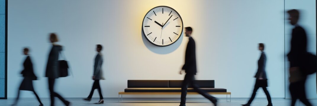 Office environment with people walking by a large clock during working hours