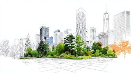 Fototapeta premium Vibrant city park illustration featuring lush greenery and modern skyscrapers in background, showcasing urban nature and architecture harmoniously