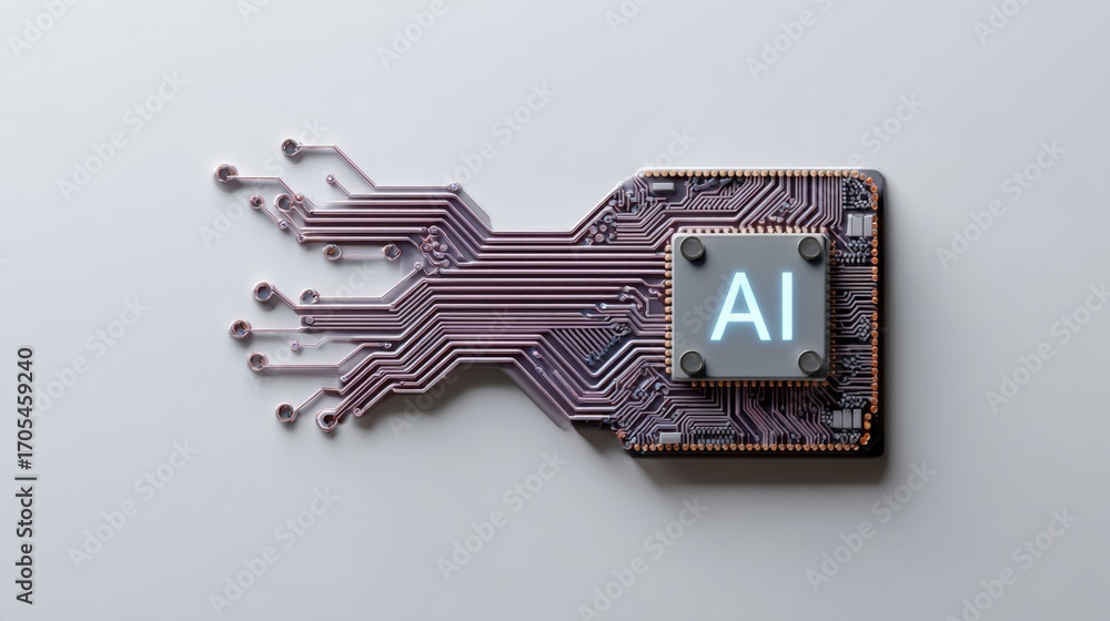 Poster advanced ai microchip revealing intricate circuit pathways, representing technological evolution and