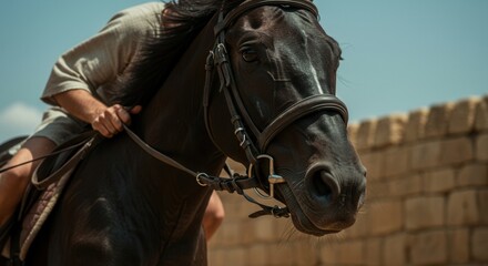 Fototapeta premium Close up of a man riding a horse with bridle and saddle. Equestrian sport or biblical times historical reenactment concept.