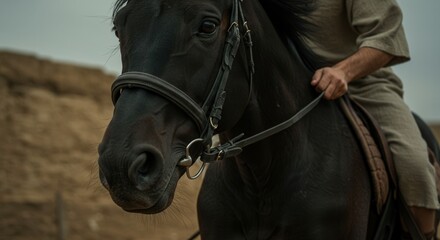 Man riding black horse in ancient desert setting. Historical travel concept depicting a desert dweller or warrior on horseback.