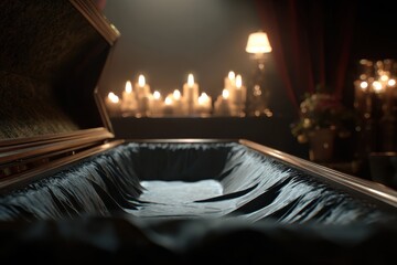 Open Coffin with Dark Lining, Candles and Lamp in Background