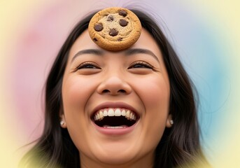 Young Asian woman smiling with cookie on forehead