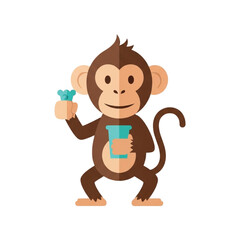 Obraz premium Cute cartoon monkey holding a blue cup and a small bag.