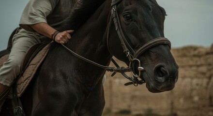 Rider on a dark horse, his hand on the reins. Biblical times, a desert dweller, a warrior. Historical reenactment for movie and television.