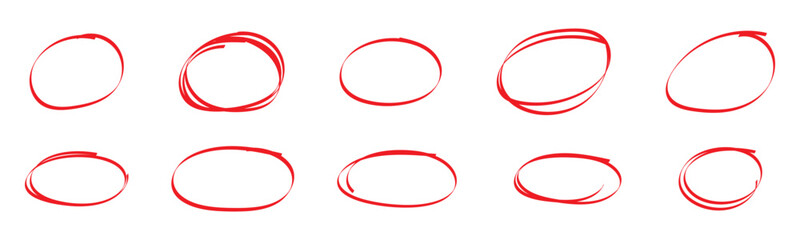 red pen hand drawn doodle marks, red circle and oval stroke set. Outline red drawing line clipart symbol. hand drawn red circle. brush drawn highlight marker. eps 10