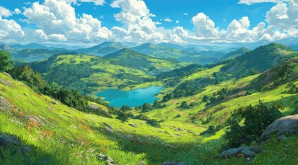 Fototapeta premium Panoramic view of a valley with a lake nestled amidst rolling hills, lush greenery, and wildflowers. Sunny day with puffy clouds