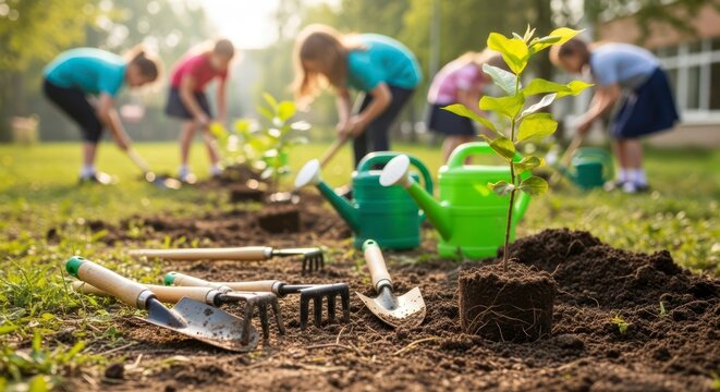 Children Planting Saplings: A Sunny Day of Gardening