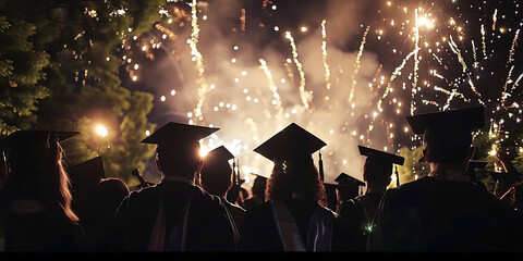 Graduates in Caps and Gowns Watching Fireworks at Night