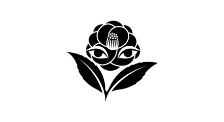 Stylized Black Camellia Flower with Surreal Watching Eyes.