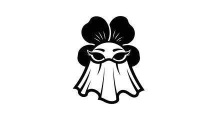 Stylized black and white icon of a masked ghost with a flower.