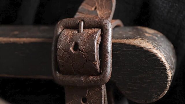 Closeup image of a rugged leather buckle on wooden texture, perfect for backgrounds, fashion blogs, rustic designs, and vintage themes.