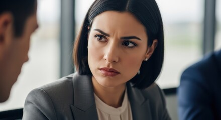 Displeased woman looking skeptically at colleague during a meeting