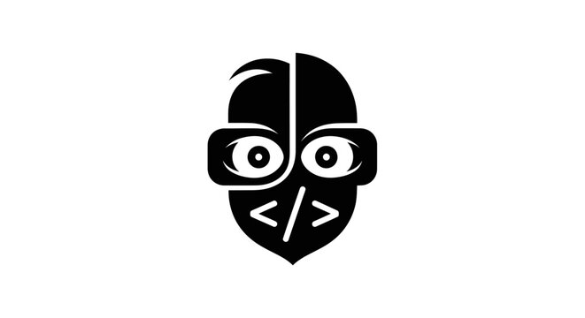 Stylized black icon of a programmer face with coding symbols.