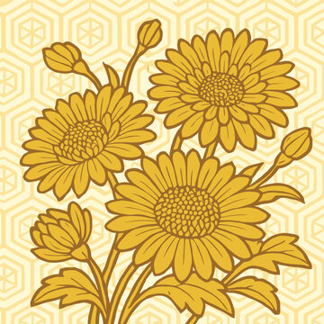 Vector illustration of golden chrysanthemum flowers with kikkō hexagon wagara pattern, flat clean design, symbolic flower of longevity and respect.