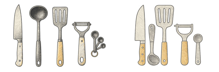 Collection of essential kitchen cooking utensils and food preparation tools including knife ladle spatula peeler and measuring spoons