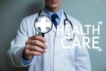 Doctor holding magnifying glass with medical cross symbol