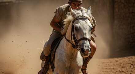 Naklejka premium Man riding white horse in dusty desert. Ancient times warrior on horseback. Historical reenactment scene. Bible era concept.