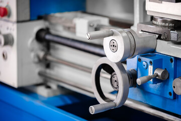 Control disk of metalworking machine with applied measuring ruler and control handle. metalworking...