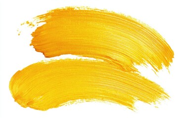 Two vibrant, golden-yellow brushstrokes, thick and textured, overlap on a stark white background, showcasing dynamic strokes and paint consistency