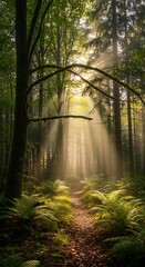 Fototapeta premium Sunlight Path Through Lush Forest.
