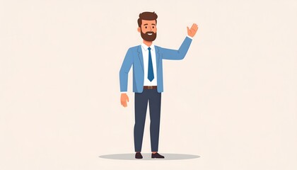 Bearded man in suit waving hand, friendly greeting business character illustration