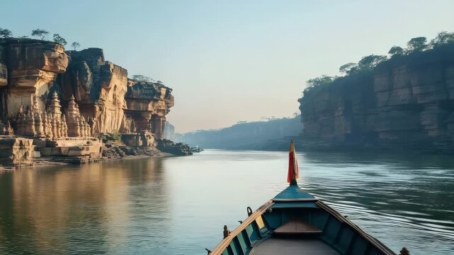 Leisurely boat journey through the Narmada River, with scenic rocky gorges and ancient temples carved into the cliffs 