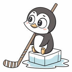 Cute Cartoon Penguin Playing Hockey on Ice