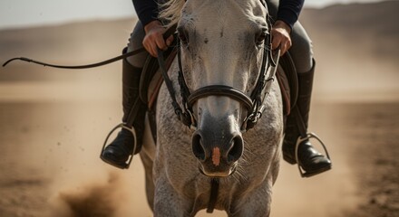 Man on horseback riding through the desert. Equestrian sport and horse competition concept in sandy plain. Rider and animal training.