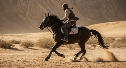 Man riding black horse in desert. Equestrian galloping in arid landscape. Horseback riding training in wilderness.