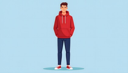 Casual young man in red hoodie illustration. Full body cartoon character standing with hands in pockets on blue background.