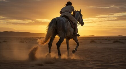 Man rider on horse gallops through desert at sunset. Arabian tradition, ancient journey and strong freedom concept.