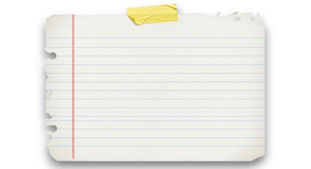 Blank lined notepad paper with torn edges and yellow tape.