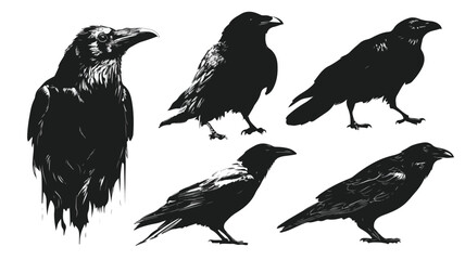 Elegant Silhouette Raven Bird Poses Set for Creative Designs