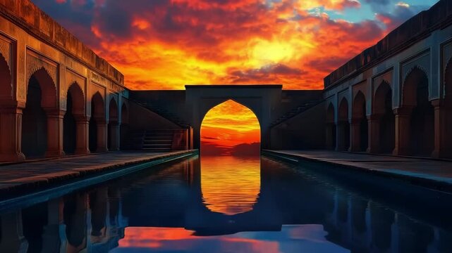 Twilight scene capturing the stepwell&rsquo;s silhouette against a colorful sunset sky with water reflections below 
