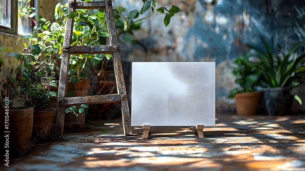 Poster a blank canvas on a rustic easel in a sunlit garden setting symbolizing creative potential and growt