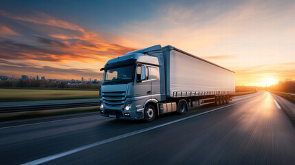 A large semi-truck driving at sunset