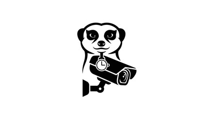 Vigilant meerkat mascot holding a security surveillance camera.
