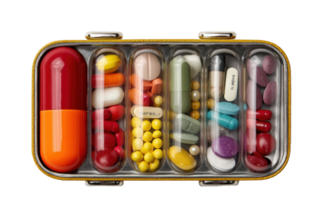 Organizing daily medications home clean environment isolated on transparent background, png