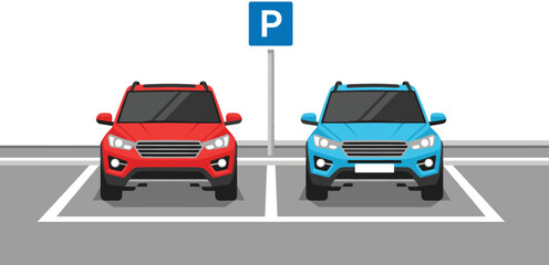 Two cars parked side by side in parking lot, red and blue vehicles with parking sign, transportation and urban scene, flat vector illustration