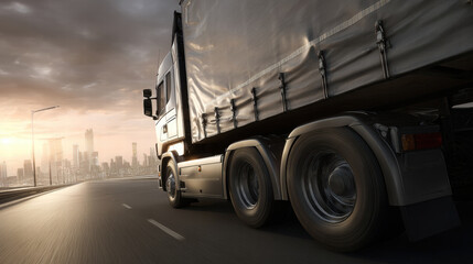 A large semi-truck driving at sunset