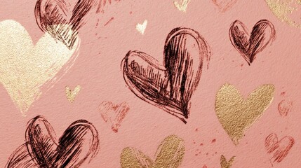 A background with pink and gold sketched hearts